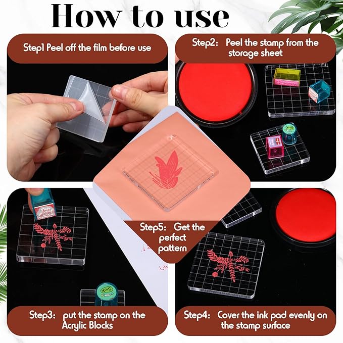 Mudder 7 Pieces Acrylic Stamp Blocks Set Clear Stamping Blocks Tools for Kids with Grid and Grip Scrapbooking Craft Making, Decorative DIY Essential Stamping Tool(Straight Edge)