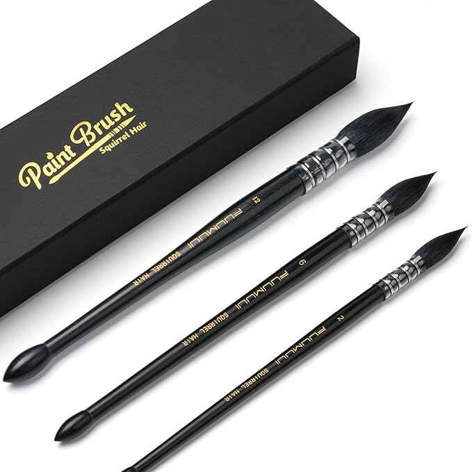 3PCS Squirrel Hair Watercolor Brushes, Fuumuui Professional Mop Round Quill Detail Fine Tip Watercolor Paint Brush Set for Water Color Gouache Ink Painting - Sizes #2, 6, 12