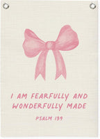 Bible Verses Wall Decor,Pink Coquette Bow Linen Canvas Banner,Christian Wall Art I Am Fearfully And Wonderfully Made Wall Hanging Flag for Kids Girl Bedroom Living Room Dorm 18x25 Inch