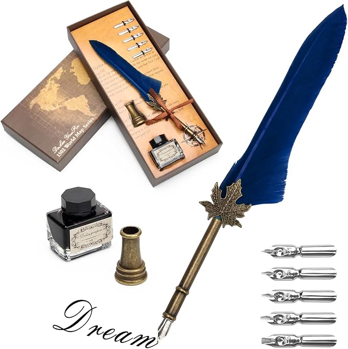 AHIER Quill Pen and Ink Set, Feather Pen Quill Pen Set Includes 5 Steel Replacement Nibs,Pen Nib Base and Dip Ink Bottle for Antique Calligraphy (Blue)