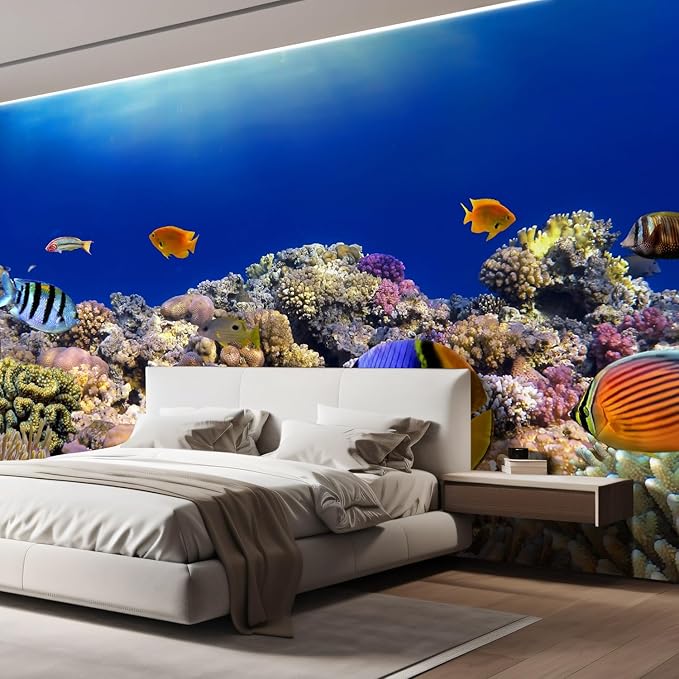 wall26 Removable Wall Sticker/Wall Mural Tropical Blue Fish Coral Reef Ocean Seascape Nature Wilderness Photography Nautical Landscape Decorative for Living Room, Bedroom, Office - 120x144 inches