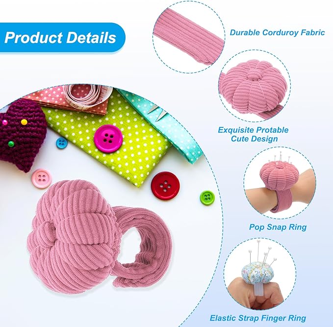 PATIKIL Wrist Pumpkin Pin Cushion, Snap Pin Cushion with Elastic Strap Ring Portable Embroidery Needle Pin Storage for Hand Craft Knitting, Light Pink