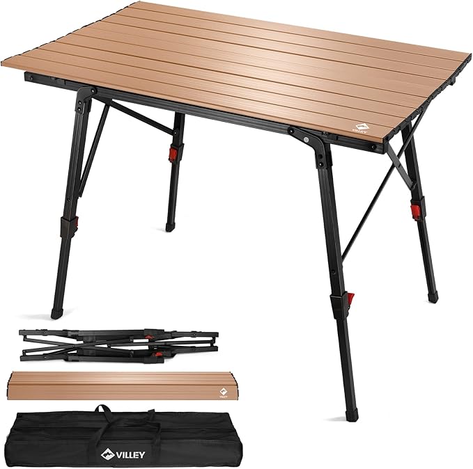 VILLEY Portable Camping Table with Adjustable Legs, Lightweight Aluminum Folding Beach Table with Carrying Bag for Outdoor Cooking, Picnic, Beach, Backyards, BBQ and Party