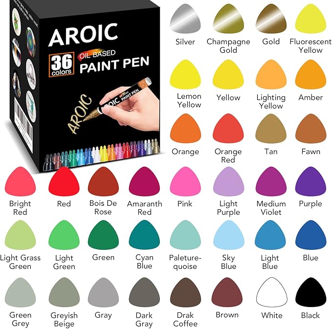 36 Pack Oil-Based Paint Pens for Rock Painting - Write On Anything Waterproof Painting Marker Pen for Wood, Metal, Plastic, Glass, Canvas, Ceramic & More Low-Odor, Medium-Tip Painting Markers