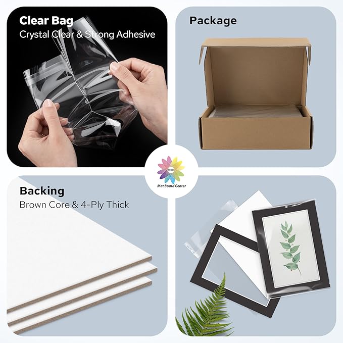 Mat Board Center, Pack of 50, 5x7 for 4x6 Black Mat Kit - Acid Free, 4-ply Thickness, White Core - Includes Backing Boards and Clear Bags - for Pictures, Photos, Framing