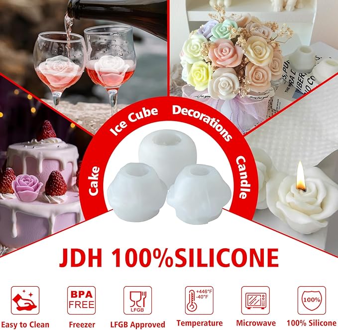 JDH 3 PCS Rose Flower Molds Flower Silicone Candle Mold Candle molds for Candle Making for DIY Scented Candle, Soy Wax, Cake, Soap, Resin Casting Craft Making
