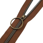 Leekayer #5 Antique Brass Metallic Nylon Coil Zippers by The Yard Bulk 10 Yards with Ring Pulls(Brown Tape with 25pcs Brass Sliders for DIY Sewing Tailor Craft Bag(Brown)