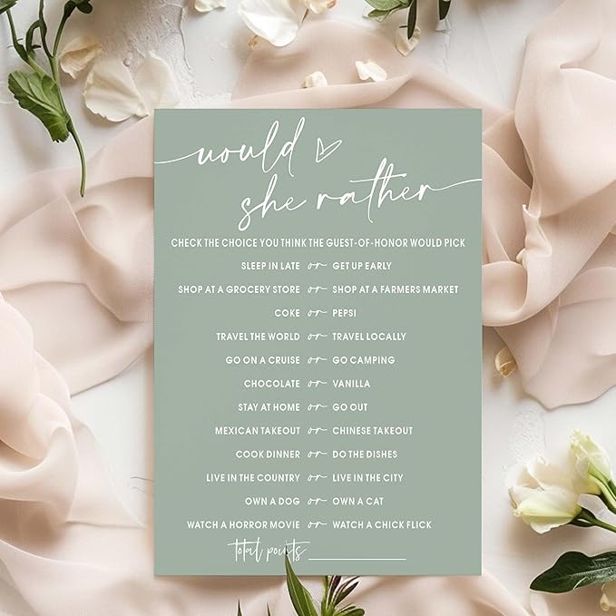 Bridal Shower Games Cards, Would She Rather Bridal Shower Game for 25 Guests, Engagement Party Wedding Games for Guests, Minimalist Green Wedding Party Supplies - C11