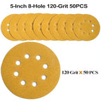 5-Inch 8-Hole Hook and Loop Sanding Discs 120-Grit Random Orbit Sandpaper, 50-Pack