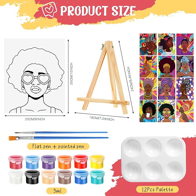 Zhanmai 12 Pack Pre Drawn Canvas for Painting Sip and Paint Kit 8" x 10" Paint Party Set Canvas Painting Pre Printed Canvases for Party Favor DIY Virtual Adult's Date Night(Afro Queen)