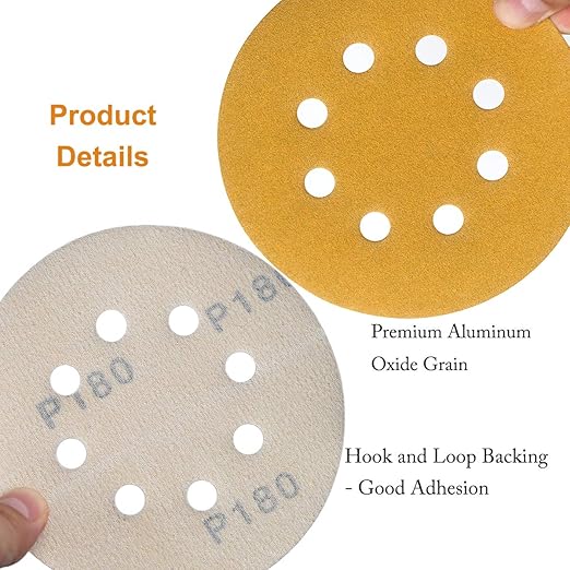 5-Inch 8-Hole Hook and Loop Sanding Discs 180-Grit Random Orbit Sandpaper, 100-Pack