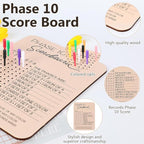 Phase 10 Score Board, Wooden Phase 10 Scoreboard, Phase 10 Score Sheets with 8 Colored Pegs, 10 Scorecard and Round Tracker, Classic Family Adults Board Card Games Night Table Score Boards