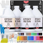 4 Gallon Epoxy Resin Kit with Mica Powder, Gold Foil, Cups & Stick, Crystal Clear Resin Beginner Supplies for Coating Casting Table, Molds, Jewelry Making, DIY Art Craft, 1:1 Ratio