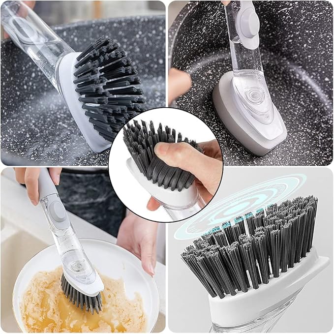 Soap Dispensing Dish Brush with 4 Replaceable Heads, Updated No Leaking Soap Dish Scrubber Soap Dispenser, Kitchen Dish Brush with Soap Dispenser for Pot Pan Sink Cleaning(Light Gray)