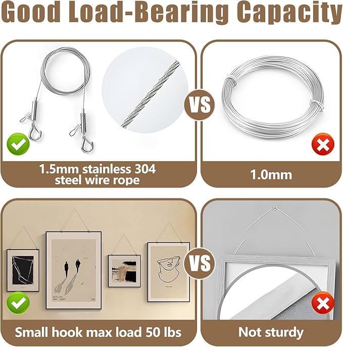 12PCS Picture Hanging Wire Kit for Mirrors, Frames, Artwork, Light Lamp, Billboards, Basket Flowerpot 6.56ft Adjustable Hanging Wire, 3-Hole D Rings Picture Hangers with Screws