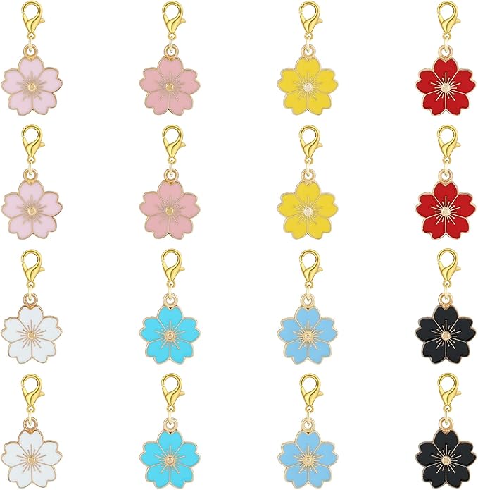 BEEFLYING 16Pcs Flower Stitch Marker Charms for Crocheting and Knitting, Alloy Enemal Crochet Knit Stitch Marker Pendant with Lobster Clasp for Sewing Quilting Handmade Jewelry