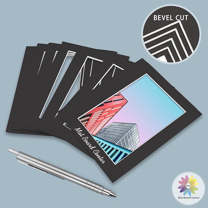 MBC MAT BOARD CENTER, 5 Pack 11x14 for 5x7 Black Picture Mats Frame Mattes, Bevel Cut, Acid Free, 4-ply Thickness