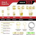 303-Piece Picture Hanging Assortment, Heavy Duty Hooks, Nails, Sawtooth, D-Rings, Wire, Level, and Metal Wall Hooks for Picture Framing and Canvas Mounting (Gold)