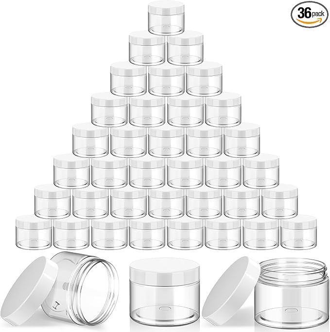 SATINIOR 36 Pieces 1 oz Plastic Jars with Lids Wide Mouth Airtight Reusable Container Acrylic Cosmetic Small Jars for Lotions Ointments Travel Toiletries Creams Make up Storage(White)