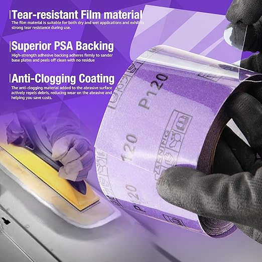 80 Grit PSA Purple Film Ceramic Sandpaper Roll, 2-3/4" Wide Continuous 10 Yard Longboard Sanding Roll Wet Dry Sanding Blocks Self Adhesive Sticky Back Sanding Sheets for Woodworking Automotive