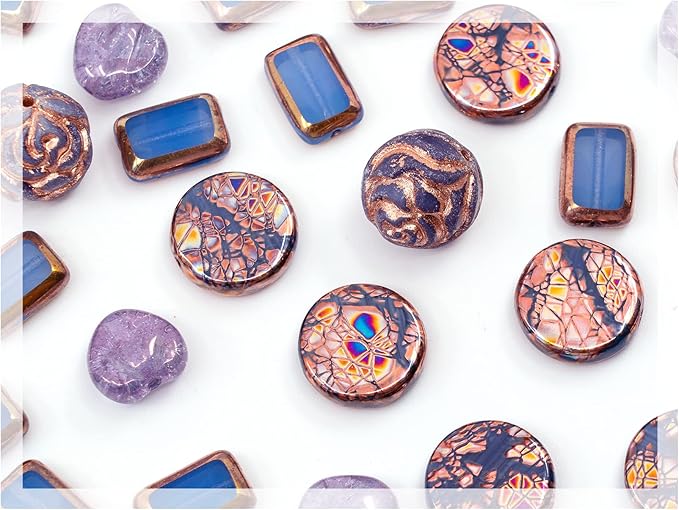 2.1oz (60g) of Glass Focal Bead Mix with Roses, Table-Cut and Cracked Czech Beads, PG Blue Copper Violet