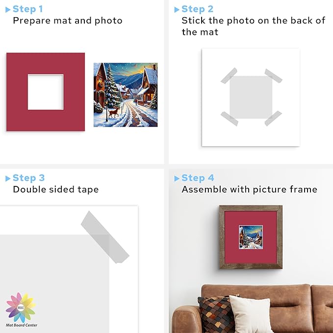 Mat Board Center, 8X8 Mix Color Mats for 4X4 Pictures - Acid Free, 4-Ply Thickness, White Core, Bevel Cut - for Artworks, Photos, Framing - Pack of 12