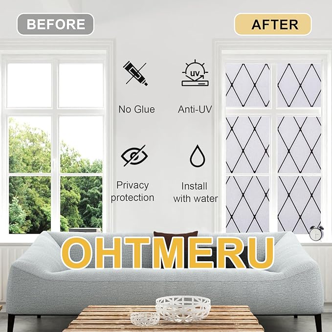 Window Privacy Film Decorative for Front Door, Bathroom Static Cling Stained Glass Sticker Opaque Heat Control UV Blocking Non-Adhesive for Home,Black Grid 17.5 x 78.7 inches