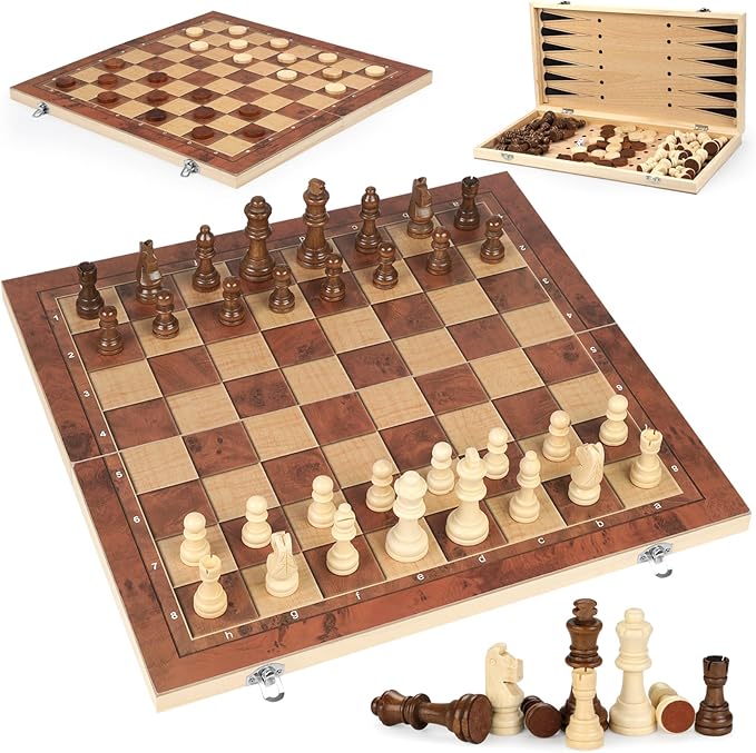 Chess Checkers Backgammon 3-in-1 Board Games Sets, Wooden Chess Set for Adults & Kids, 17.2" Lightweight Checkers Board Game,Strategy Backgammon Sets for Adults, Travel Chess Board Game Pieces Storage