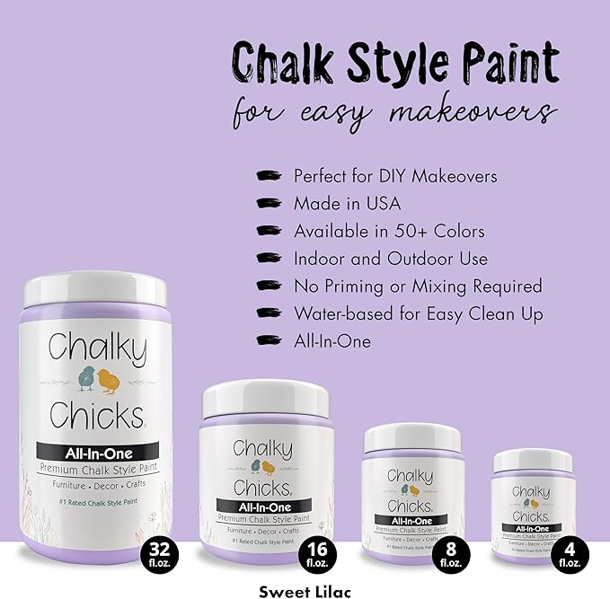 Chalky Chicks All-in-One Chalk Paint for Furniture or Cabinet - 4Fl Oz-Matte Finish Sweet Lilac (Light Purple) for Metal, Wood Furniture Paint - No Sanding All-in-One for Home Decor & Crafts, USA Made