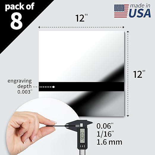 Trotec | Metallic Looking Acrylic Sheet | 12"x12"x1/16, 8 Pcs | Bright Chrome/Black | Metallic Finish - Scratch Resistant for Laser Engraving & Cutting,Printing,Glowforge,Name Plate | USA Made