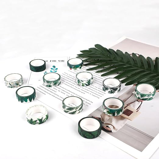 12 Rolls Greenery Washi Tape Set, Summer Tropical Leaves Masking Tape, Green Plants Cactus Succulents Decorative Tape Sticker for Scrapbook Journal DIY Craft Gift Wrapping 16.4FT