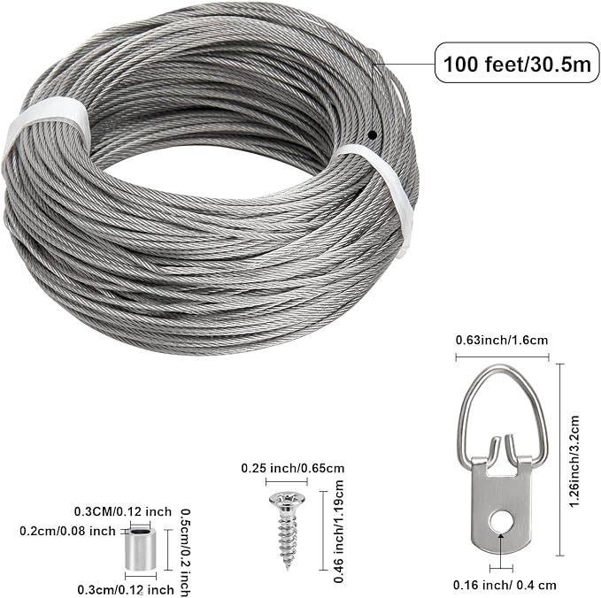 Blisstime Picture Hanging Kit - 100 Feet Braided Hanging Wire, 60 Pcs D Ring Picture Hangers with Screws and 60 Pcs Aluminum Crimping Loop Sleeve for Canvas Paintings, Photo Frames