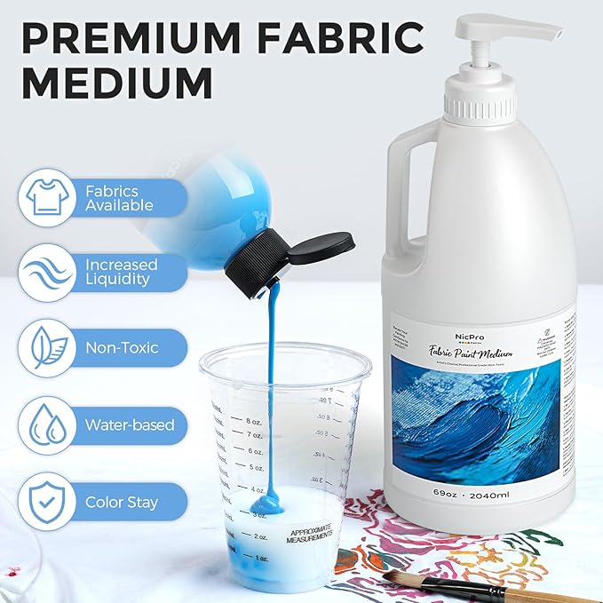 Nicpro Professional Effects Fabric Medium,69oz Bottle with Pump, Textile Painting Acrylic Fluid Medium, Improves Acrylic Paint Adhesion to Fabrics, Textiles for DIY Clothing, T-shirts, Shoes Jeans Bag