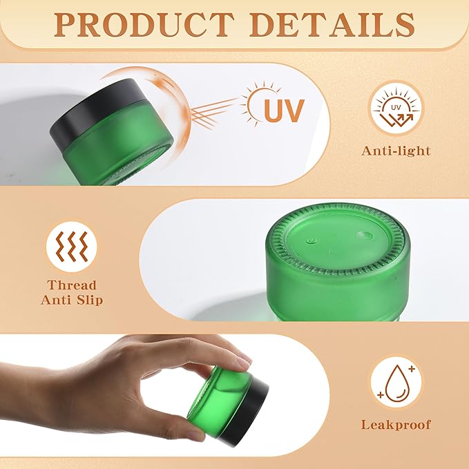 Glass Jars with Lids,Eco-Friendly Cosmetic Containers with Airtight Black Lids & Liners, Multi-Color Options for Cream, Lotion, Body Butter, DIY Skincare Travel Jars (Green Frosted, 1oz)