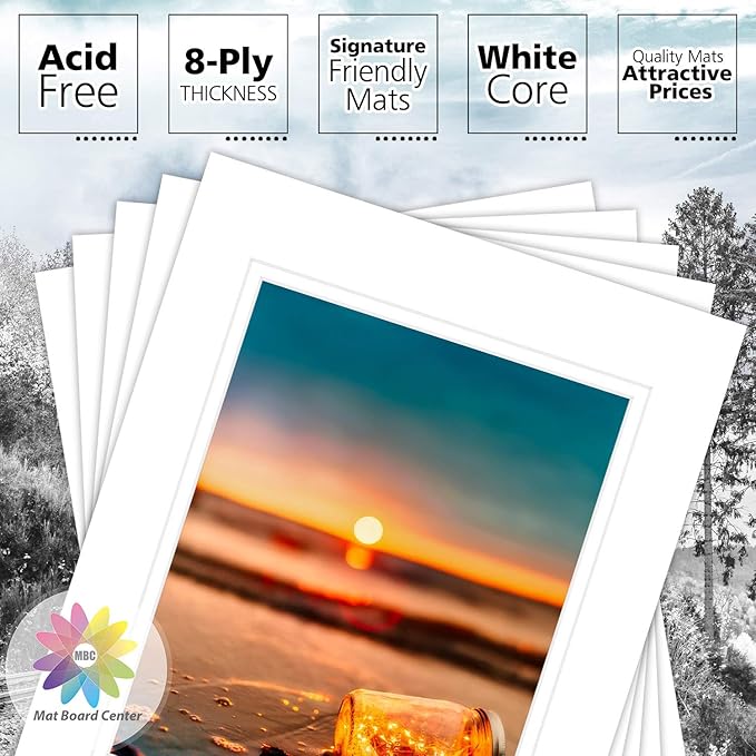 Mat Board Center, Pack of 5, 16x20 for 11x14 Photo Picture Double Mats - Acid Free, 8-ply Thickness, White Core - for Pictures, Photos, Framing (White Over White)