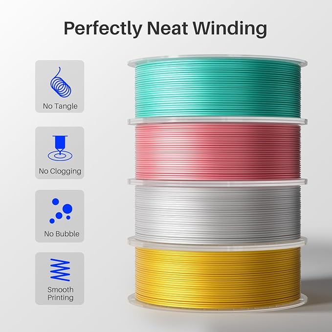 ELEGOO 250g Silk PLA Filament Bundle 1.75mm, 4 Colors Shiny 3D Printer Filaments Dimensional Accuracy +/- 0.02mm, 4 Pack 250g Spool Holly Green/Red/White/Galaxy Black