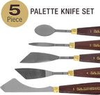 U.S. Art Supply 5-Piece Artist Stainless Steel Palette Knife Set - Wood Hande Flexible Spatula Painting Knives for Color Mixing Spreading, Applying Oil, Acrylic Paint on Canvas