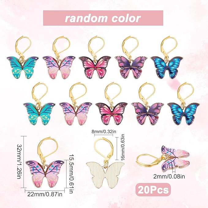 SUNNYCLUE 1 Box 20Pcs Stitch Markers Crochet Stitch Marker Butterfly Enamel Cute Charms Removable Leverback Clasp Charm Locking Metal Knitting Markers for Weaving Sewing Knit Quilting DIY Zipper Pull