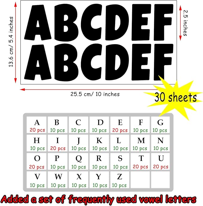 Bemeol 360 Pcs 30 Sheets Bulletin Board Letters 2.5 Inches Alphabet Stickers Self Adhesive Stick on Letters for Poster Board Classroom School Home Decor(Black)