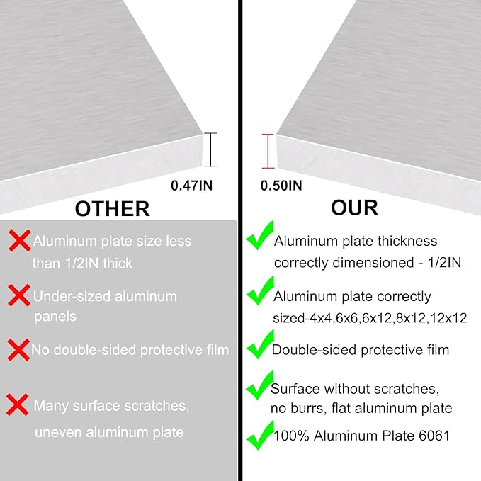 6061 T651 Aluminum Sheet Metal 6 x 12 x 1/2 (12.7MM) Inch Flat Plain Aluminum Plate Covered with Protective Film, Heat Treatable Rectangle 0.50" Thick Aluminum Metal Plate for Industrial, Crafting