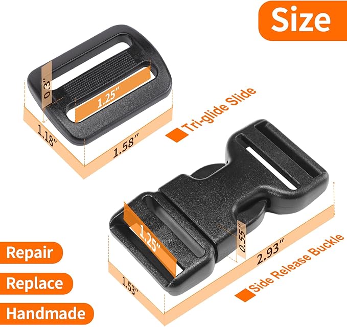 Heavy-Duty Buckles and Strap Set 1-1/4": 6 Yards of Thick Nylon Webbing, 6-Pack Adjustable Quick Side Release Plastic Buckles, 12 Tri-Glide Slide Clips, Black (1 1/4 Inch Combo Set)