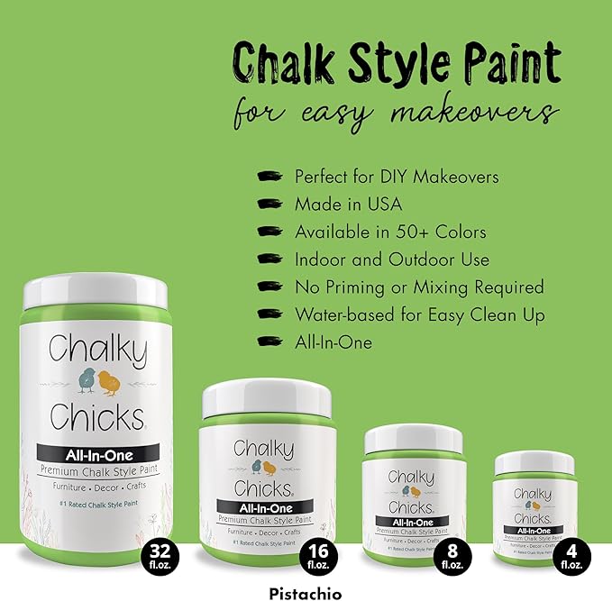 Chalky Chicks All-in-One Chalk Paint for Furniture or Cabinet - 4 Fl Oz - Matte Finish Pistachio (Lime Green) for Metal, Wood Furniture Paint - No Sanding All-in-One for Home Decor & Crafts, USA Made