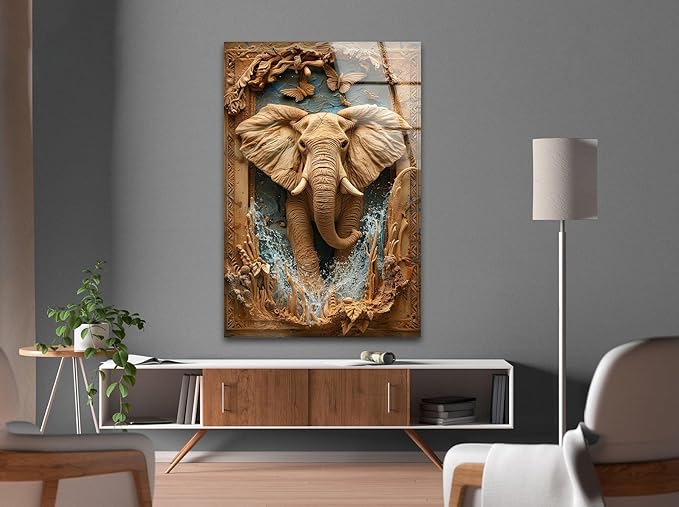 My Photostation.com 24Wx30H'' Elephant Carving Glass Wall Art Tempered Glass Printing Wall Decor Large Wall Art Wall Hangings