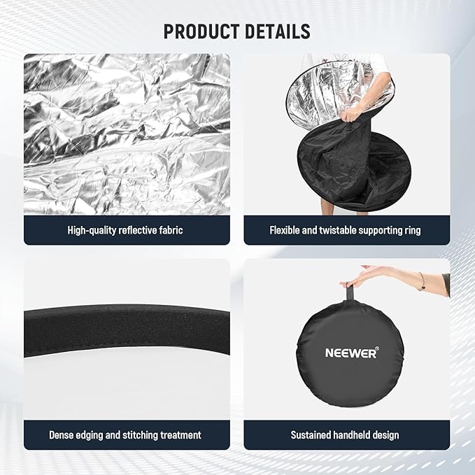 NEEWER 51 Inch/130 Centimeter Light Reflector Diffuser 5 in 1 Collapsible Multi Disc with Bag - Translucent, Silver, Gold, White, and Black for Studio Photography Lighting and Outdoor Lighting