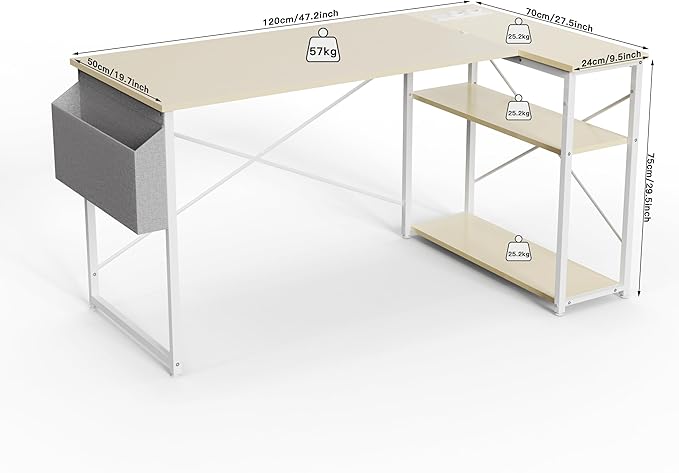 TIQLAB L-Shaped Computer Desk with Power Outlets - Reversible Shelves, 47 Inch Gaming & Study Desk in Beige