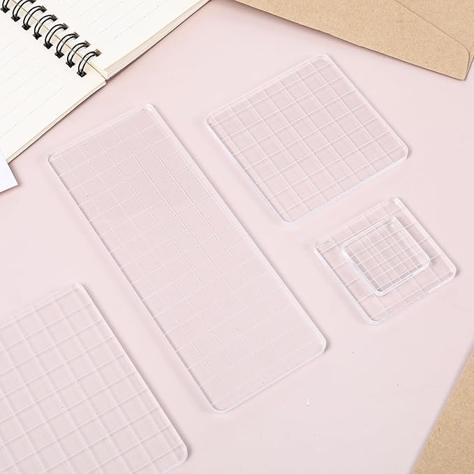 6PCS Acrylic Stamp Block with Grid Lines, Clear Stamping Blocks Tool Decorative Stamp Blocks Square Display Block Set Props for DIY Crafts Scrapbooking Card Making