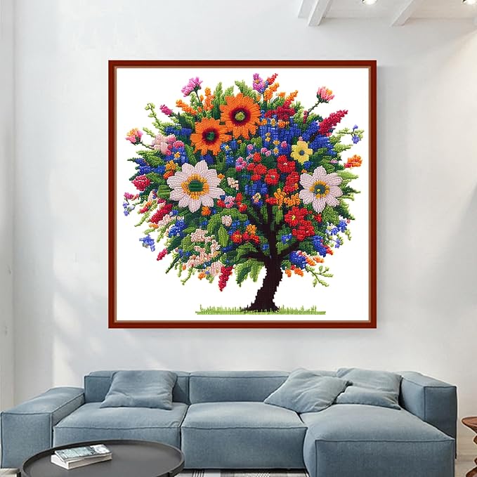 Dimensean Stamped Cross Stitch Kits Full Range of Embroidery Patterns Starter Kits for Beginners Adult or Kids DIY Cross Stitches Needlepoint Kits 11CT-Colorful Tree 17.7x17.7 inch