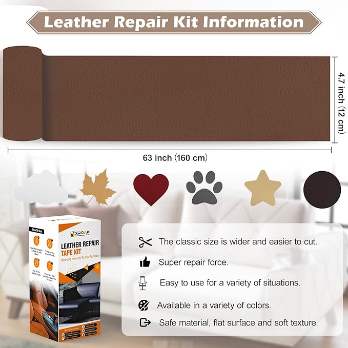 Leather Repair Tape, 4.7x63 inch Leather Patches for Furniture, Self Adhesive Leather Repair Patch for Sofas, Couches, Leather Covers, Seats, Chairs, Vinyl Repair Tape Brown