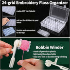 Yuahar 265Pcs Embroidery Floss Organizer Kit, 2 Removable 24-Grid Thread Storage Boxes with 250 Plastic Bobbins, 2 Bobbin Winders and Stickers for DIY Cross Stitch Needlework Thread Sewing