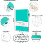 feela 5 Pack Notebooks Journals Bulk, Hardcover Notebook Classic Ruled Lined Journals with Pen Holder for Women Girls School Business Supplies, with 5 Black Pens, 120 GSM, 5.1”x8.3”, A5, Aqua